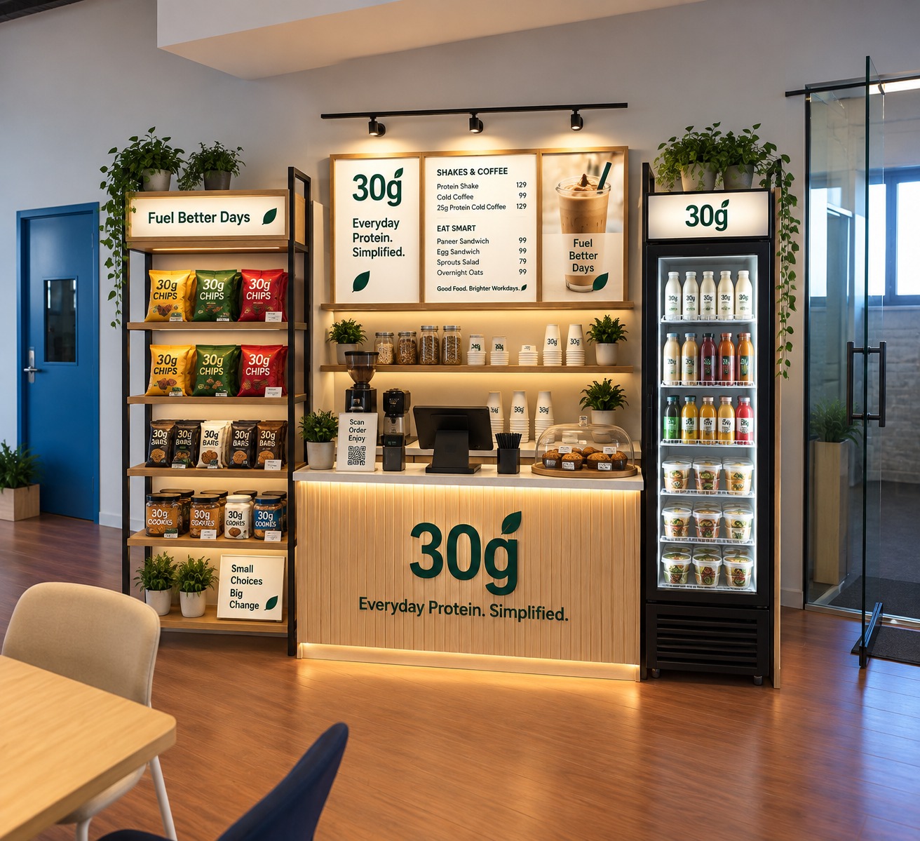 30g food and protein snack kiosk positioned inside a modern office